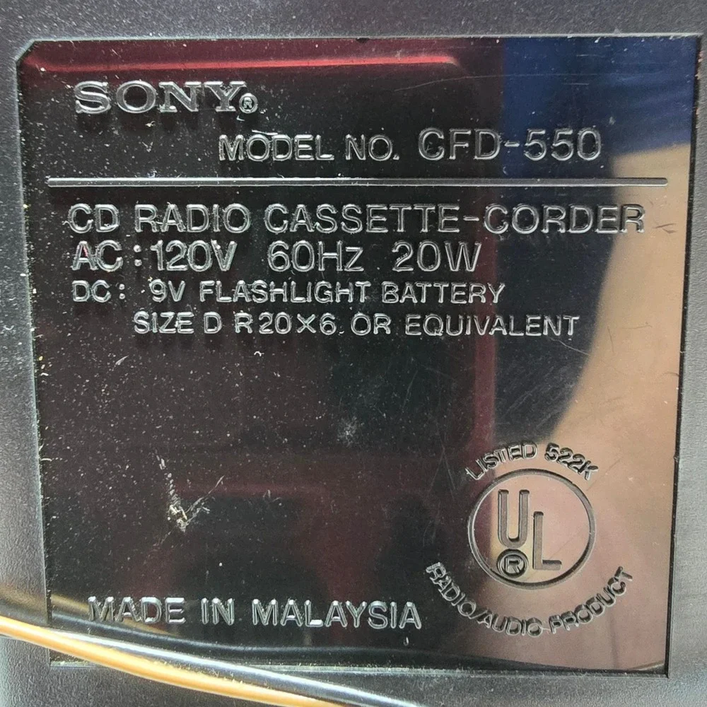 Sony CFD-550 CD Radio Dual Cass. Boombox Mega Bass Vintage 1995 For Parts/Repair